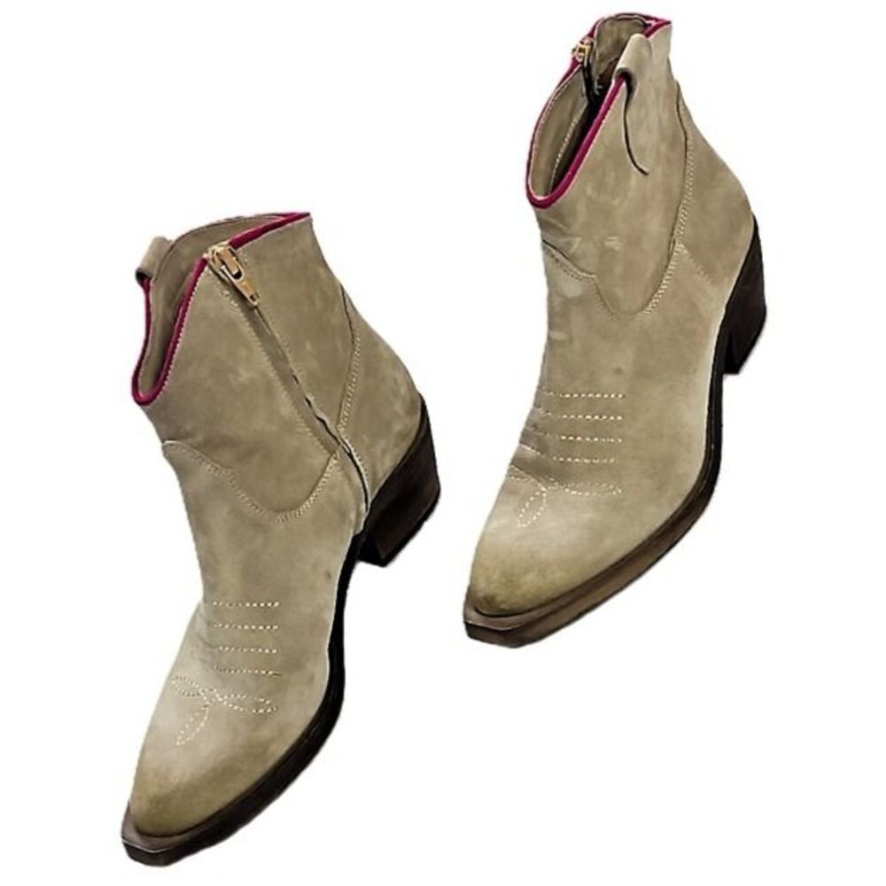 Kermes Suede Western Ankle Boots Beige Pink 7.5 EU Luxury Brand Retail $120.00